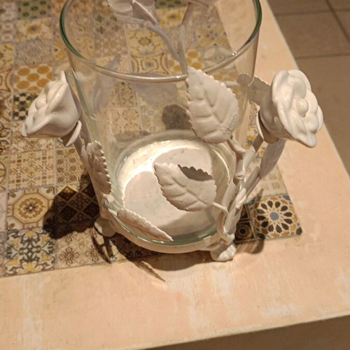 Glass vase with metal white base, like new, decorative flowers