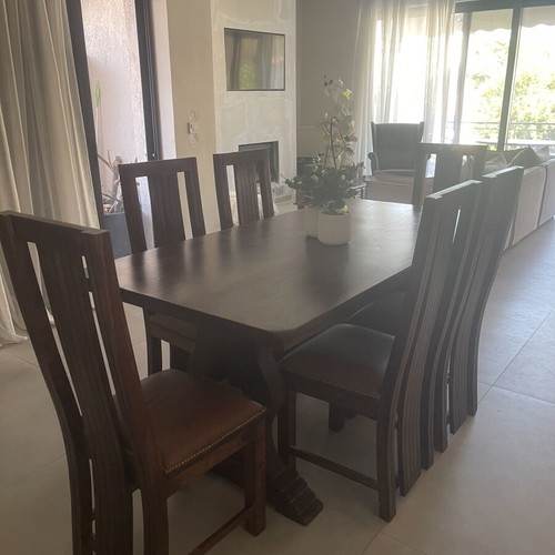 Monastic solid wood dining table with 6 leather chairs and carved coffee table