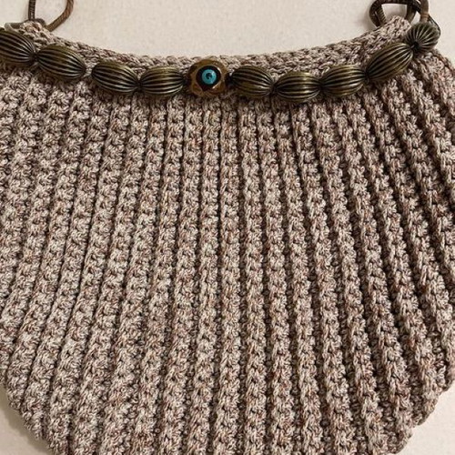 Knitted handmade shoulder bag new, beige brown with satin lining