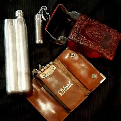 Cigar Accessories vintage set with metal case, fuel canister, and leather keychain