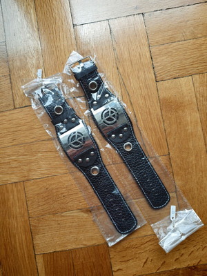 Alchemy black leather bracelets new with metal peace symbol, set of 2
