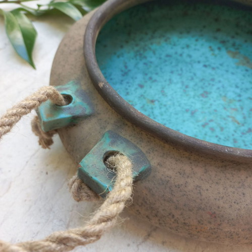 Ceramic platter with rope handles, turquoise interior, like new
