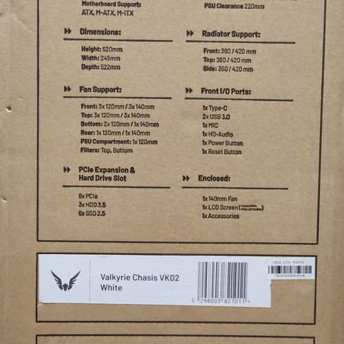 Valkyrie VK-02 Lite Mid Tower ATX computer case with side window white new