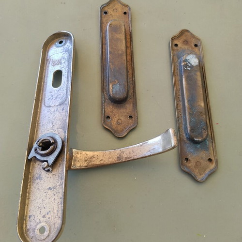 Vintage brass door handles and recessed pull set, 3 pcs