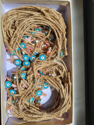 Baptism favors new for girls, bracelet with string, eye charm and pink cross, 90 pcs