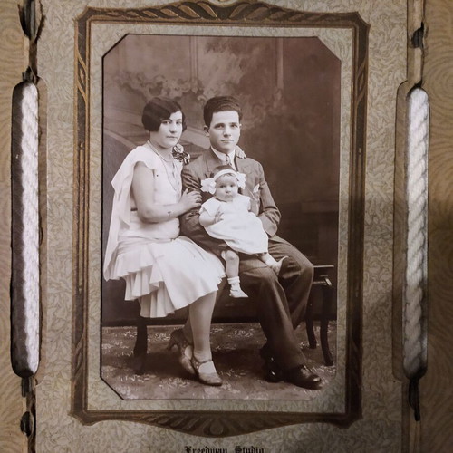 Triptych old photo of couple with baby used