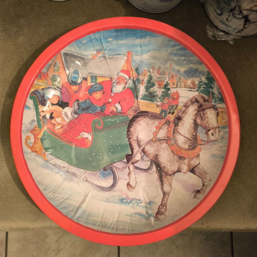 Christmas platter with three metal storage jars like new