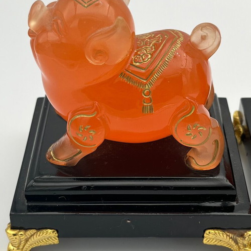 Vintage Feng Shui amber honey Murano-style pig figurines pair