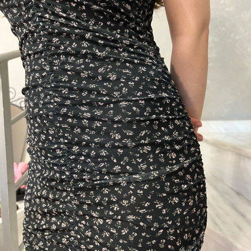 H&M Black Floral Ruched Bodycon Mini Dress New