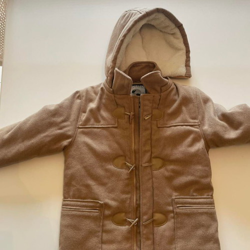 Energiers camel Montgomery coat with hood and light fur lining, like new