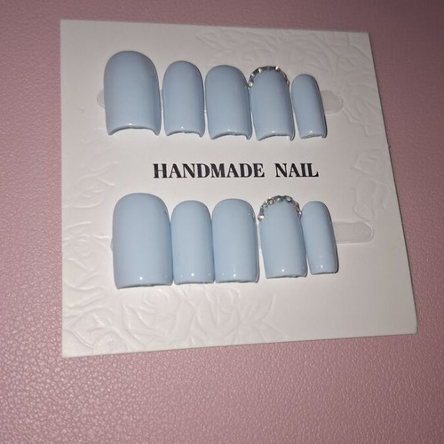 Handmade reusable blue press-on nails with rhinestones, set of 10