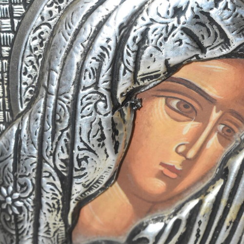 Byzantine Icon of Virgin Mary used with Metal Overlay in Wooden Frame