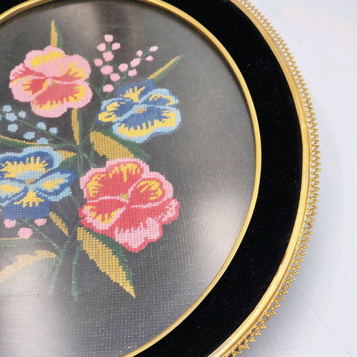 Vintage handmade tapestry used with wooden frame and glass