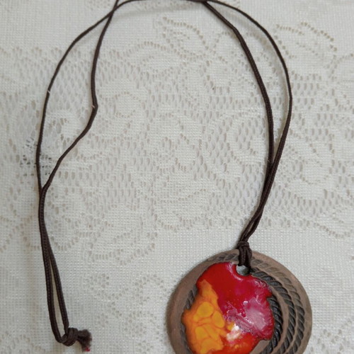 Necklace handmade with polymer clay and melted glass pendant, new