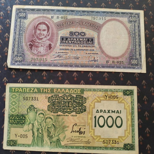 Paper money set 500 and 1000 drachmas 1939 used