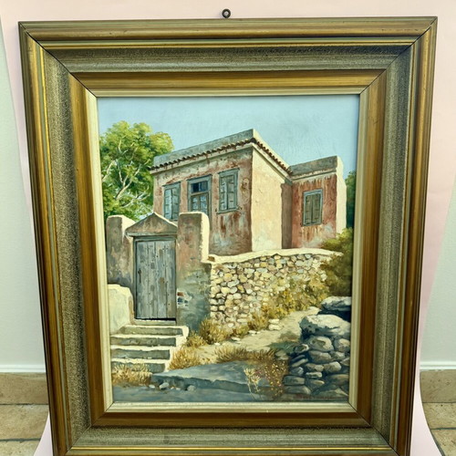 Oil painting by Antonios Voumbakis used, traditional Aegean house