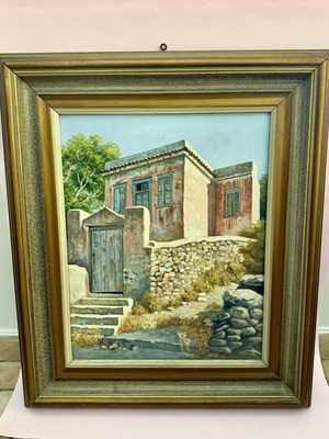 Oil painting by Antonios Voumbakis used, traditional Aegean house