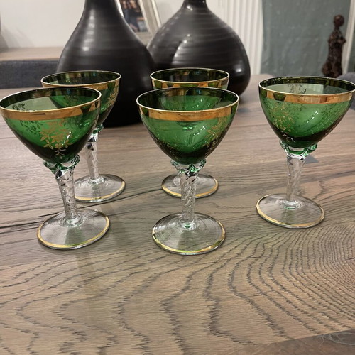 Antique green liqueur glasses with gold decoration, like new