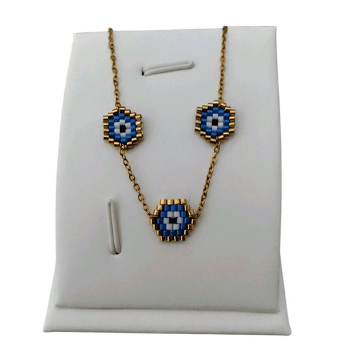 Steel necklace three evil eyes miyuki made to order, blue and gold