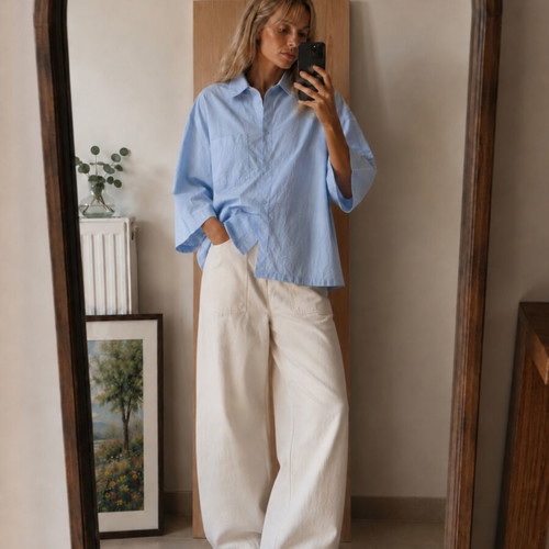 Sisley blue cotton shirt L, wide fit with pleated back