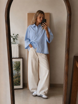 Sisley blue cotton shirt L, wide fit with pleated back