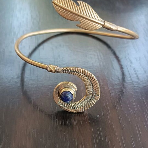 Ethnic brass women's bracelet with lapis lazuli gemstone new