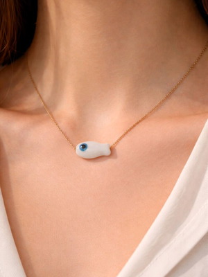 Μενταγιόν με κεραμική χάντρα καινούργιο, άσπρο και χρυσαφί