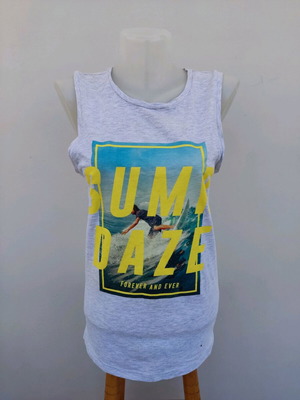 Sleeveless gray shirt used, size 158/164 with small burn mark