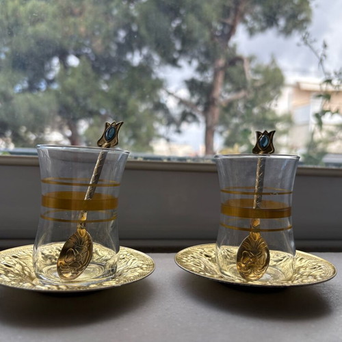Turkish metal tea set in gold tone like new