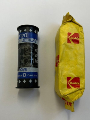 Kodak Pocket Instamatic 110 film cassette and Fuji Chrome RHP 120 film set
