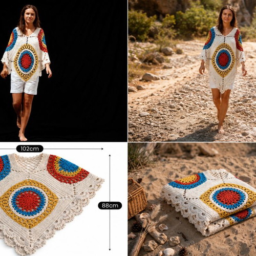 Handmade cotton poncho with colorful boho crochet circles, new