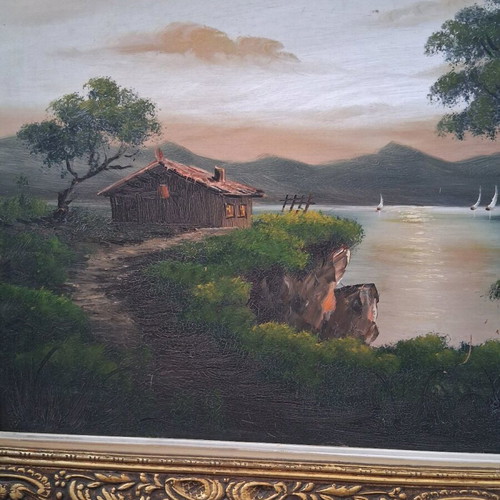 Oil painting "Landscape" with lake, vintage, gold carved frame