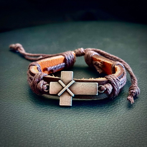 Genuine Brown Leather Cross Bracelet, M FORGE