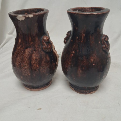 Vintage Japanese Banko Ware embossed vases pair used