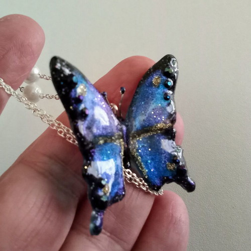 Handmade butterfly necklace new, blue shades, 45 cm chain
