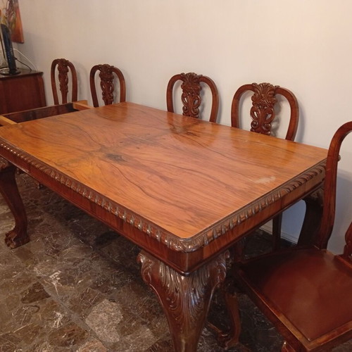 Vintage dining set with extendable wooden table, 6 chairs and buffet used
