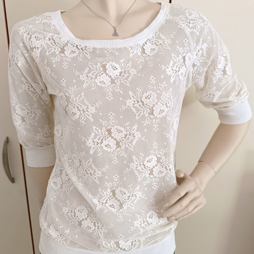 Bershka White Lace Blouse with Roses and 3/4 Sleeves like new, size S