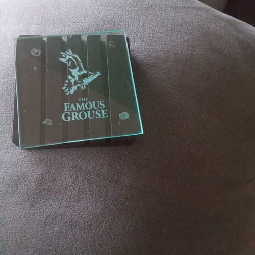 Famous Grouse glass coasters with wooden base, new