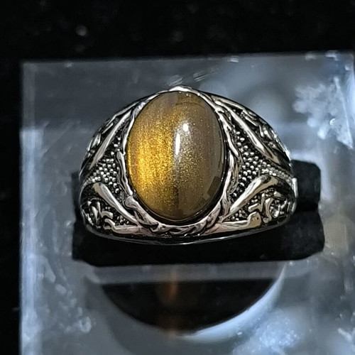 Men's ring with gold brown Cat's Eye stone, silver antique design