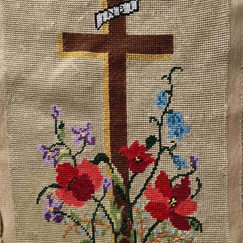 Handmade textile painting used, framed cross with flowers