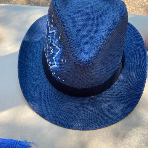 Hat blue with handmade painting new size 60