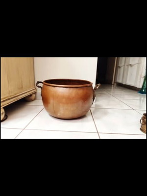 Copper vessel vintage with bronze handles used, decorative rustic pot
