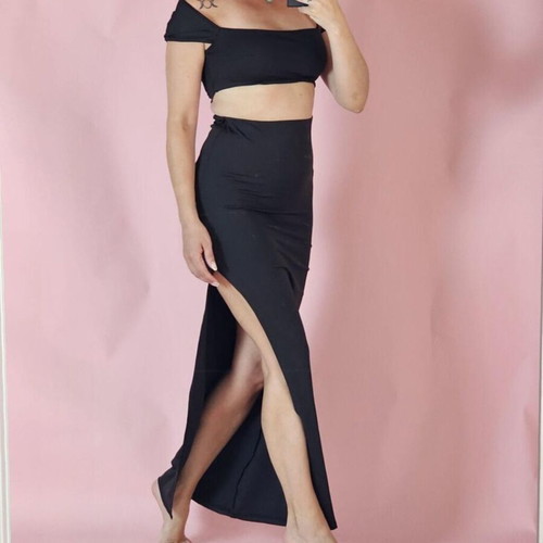 Set K1 onesize with elastic, crop top and skirt with slit, new black