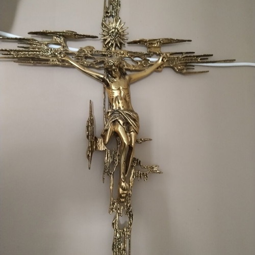 Vintage Brutalist Mid-Century Modern Bronze Crucifix wall art like new