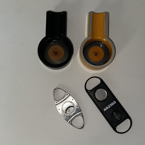 Cohiba aluminum cigar ashtrays with two cigar cutters and jet lighter