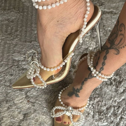 Pearl-embellished pumps new, size 39-39.5, white and beige