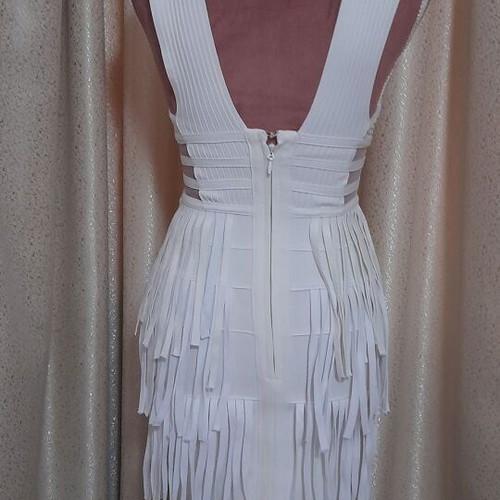Serendipity white cream bandage dress with fringes, size M