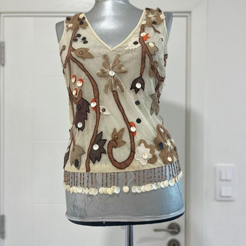 Ella Singh Vintage Beaded Sheer Floral Top Size 36 S/M used