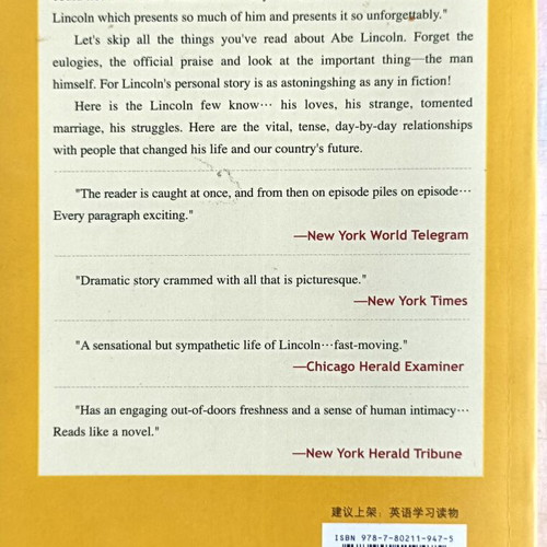 The Unknown Lincoln by Dale Carnegie, like new, English edition