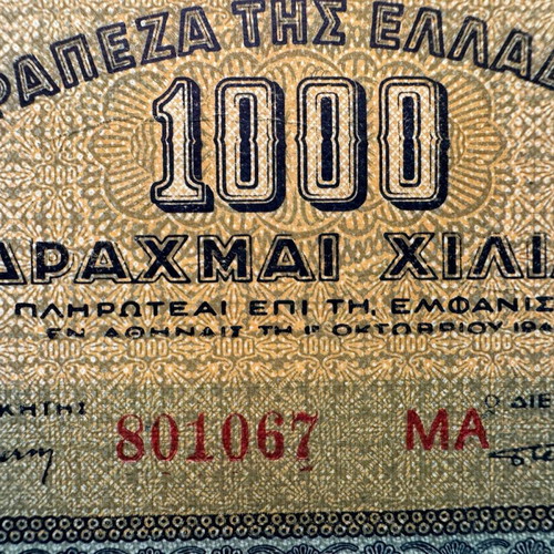 1000 Drachmae 1941 banknote used with printing error